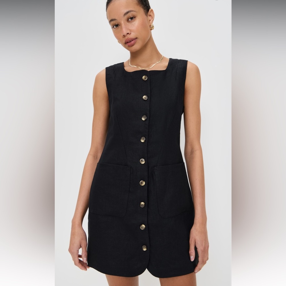 POSSE Emma Button Down Mini Linen Dress Black Size XXS